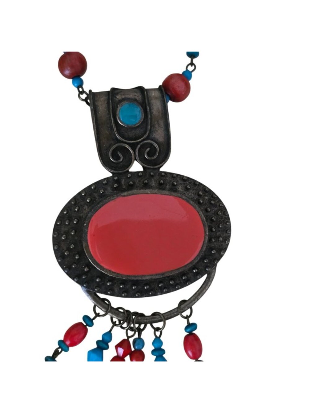 Boho Statement Necklace Set Red Blue Beads Dangle Pendant 19" Earrings - Picture 6 of 16